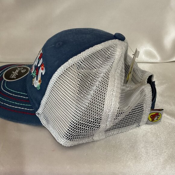 Buc-Ees Womens Embroidered Denim & Mesh Ponytail Back Trucker Hat With Floral De - Picture 2 of 5